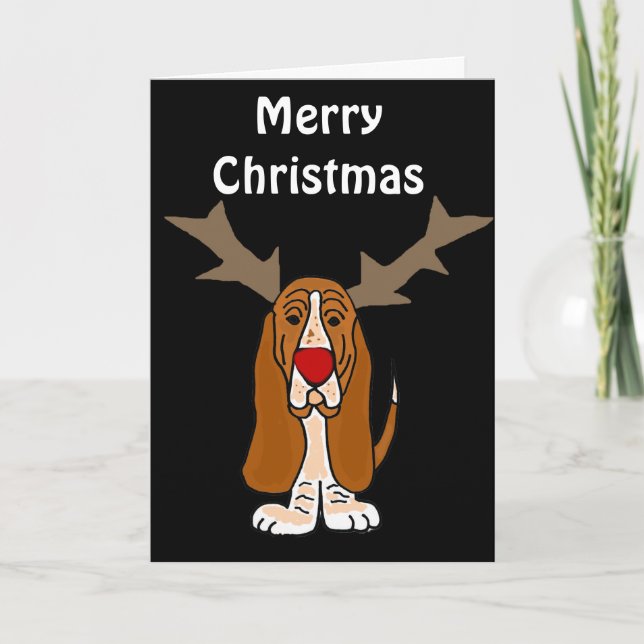Funny Basset Hound Christmas Reindeer Holiday Card (Front)