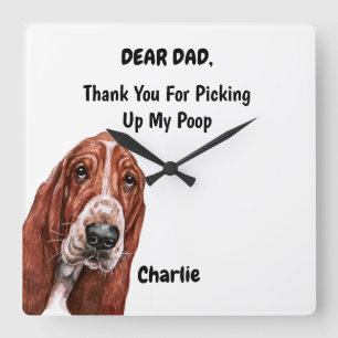 Funny Basset hound Dad Watercolor Canine Art Square Wall Clock