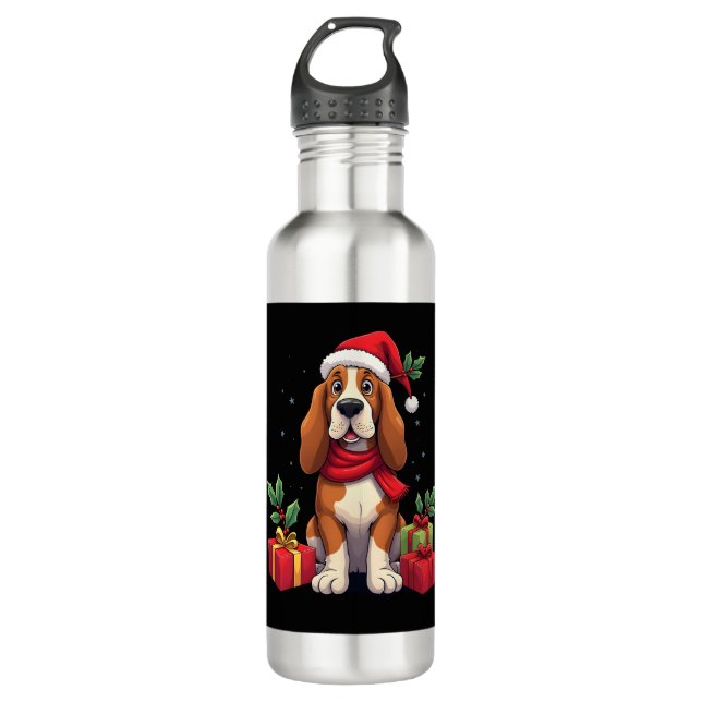 Funny Basset Hound Dog Christmas Outfits Santa Hat 710 Ml Water Bottle (Front)