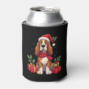 Funny Basset Hound Dog Christmas Outfits Santa Hat Can Cooler