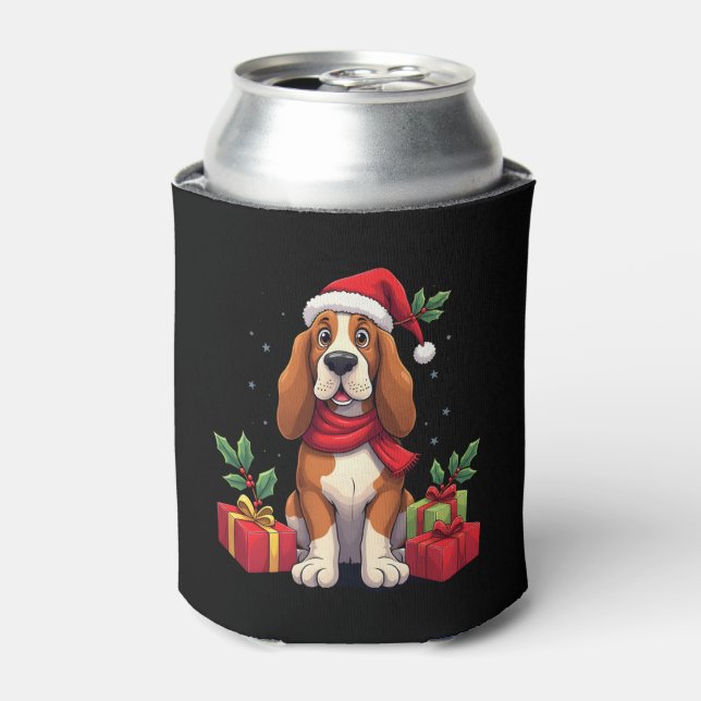 Funny Basset Hound Dog Christmas Outfits Santa Hat Can Cooler (Can Front)