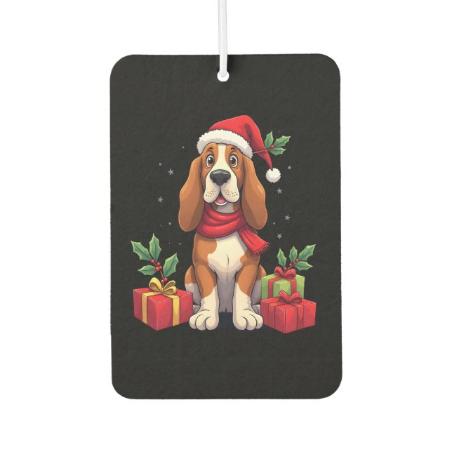 Funny Basset Hound Dog Christmas Outfits Santa Hat Car Air Freshener (Front)