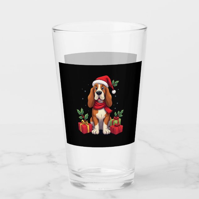 Funny Basset Hound Dog Christmas Outfits Santa Hat Glass (Front)