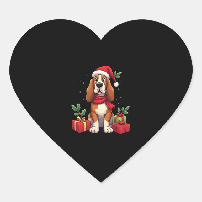 Funny Basset Hound Dog Christmas Outfits Santa Hat Heart Sticker (Front)