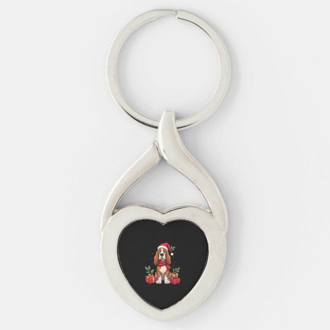 Funny Basset Hound Dog Christmas Outfits Santa Hat Key Ring (Front)