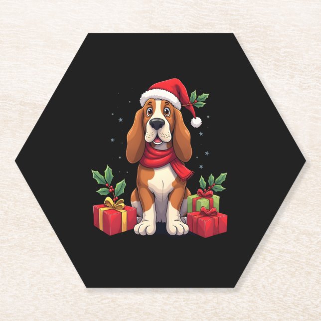 Funny Basset Hound Dog Christmas Outfits Santa Hat Paper Coaster (Front)