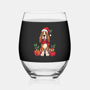 Funny Basset Hound Dog Christmas Outfits Santa Hat Stemless Wine Glass