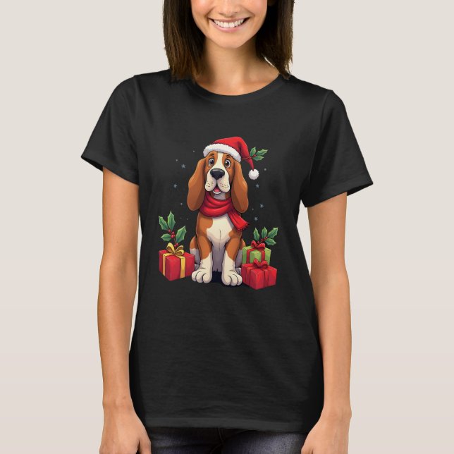 Funny Basset Hound Dog Christmas Outfits Santa Hat T-Shirt (Front)