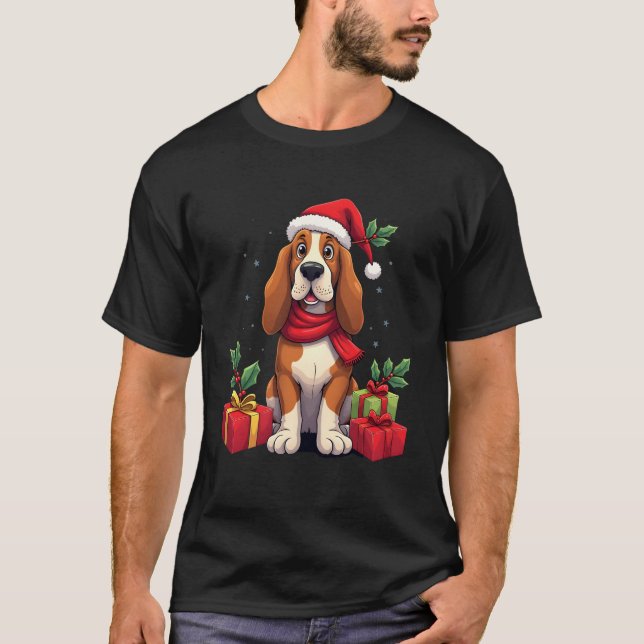 Funny Basset Hound Dog Christmas Outfits Santa Hat T-Shirt (Front)