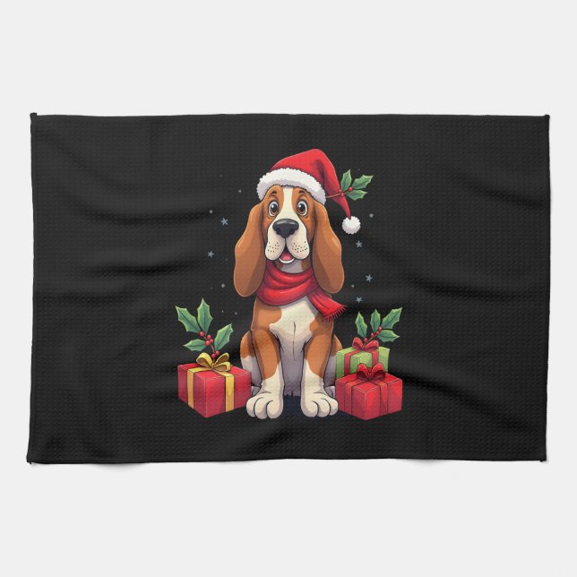 Funny Basset Hound Dog Christmas Outfits Santa Hat Tea Towel (Horizontal)