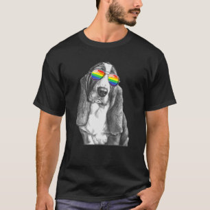 Funny Basset Hound Dog Gay Pride Flag Sunglasses L T-Shirt