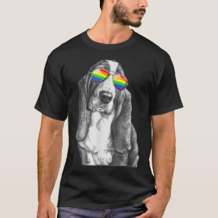 Funny Basset hound Dog Gay Pride Flag Sunglasses L T-Shirt