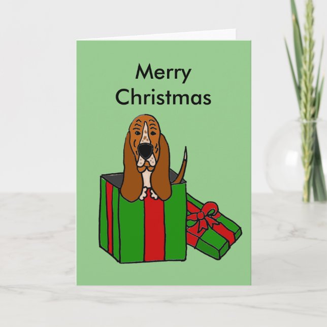 Funny Basset Hound Dog in Christmas Package Holiday Card (Front)
