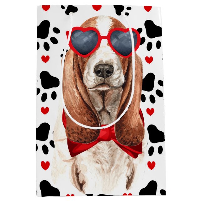 Funny Basset Hound Dog Love Red Hearts and Paws Medium Gift Bag (Front)