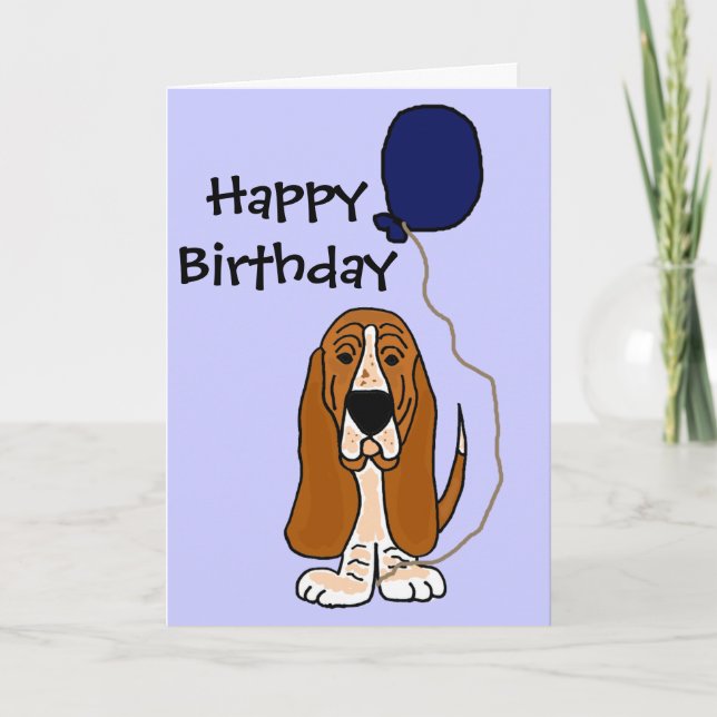 Funny Basset Hound Holding Blue balloon Card (Front)