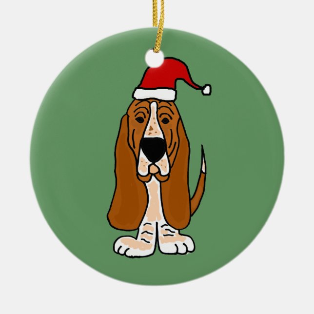 Funny Basset Hound in Santa Hat Christmas Art Ceramic Tree Decoration (Front)