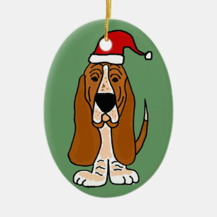 Funny Basset Hound in Santa Hat Christmas Art Ceramic Tree Decoration