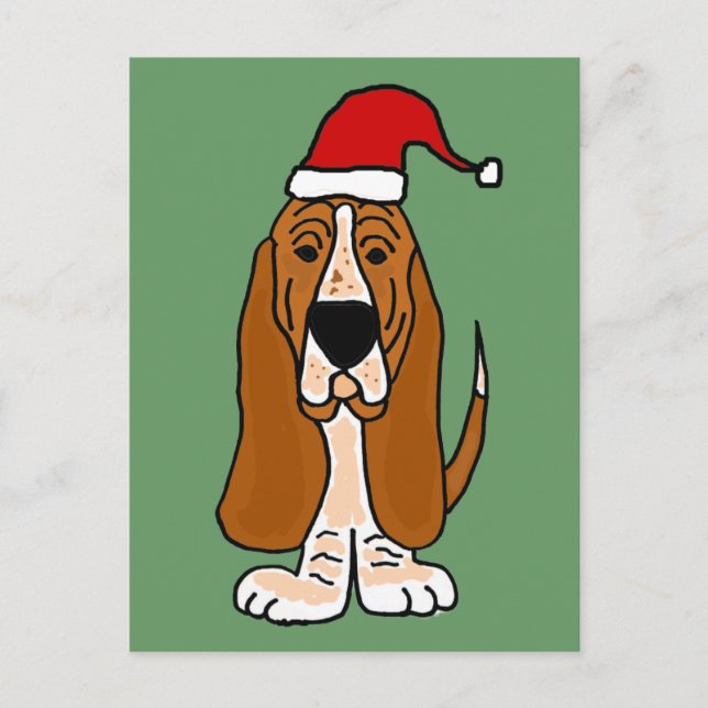 Funny Basset Hound in Santa Hat Christmas Art Holiday Postcard (Front)