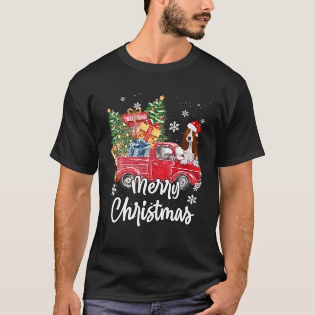 Funny Basset Hound Ride Red Truck Merry Christmas T-Shirt (Front)