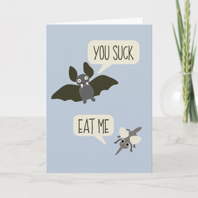 Funny Bat and Mosquito Cartoon Light Blue Birthday Card (Front)