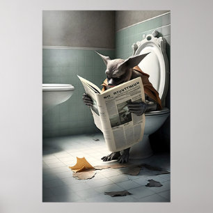Funny Bat Bathroom Print Reading Newspaper on