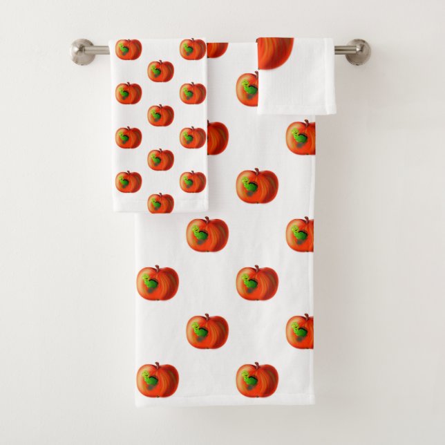 Funny Bath Towel Sets with Happy Apple Worm (Insitu)