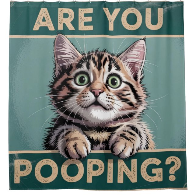 Funny Bathroom - Are You Pooping? Humourous Cat Shower Curtain (Front)