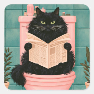 Funny Bathroom Black Cat Square Sticker