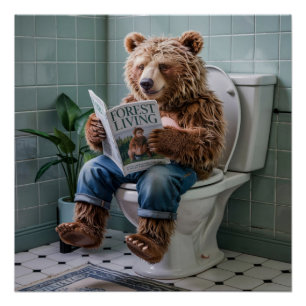 funny bathroom décor quirky bear toilet poster