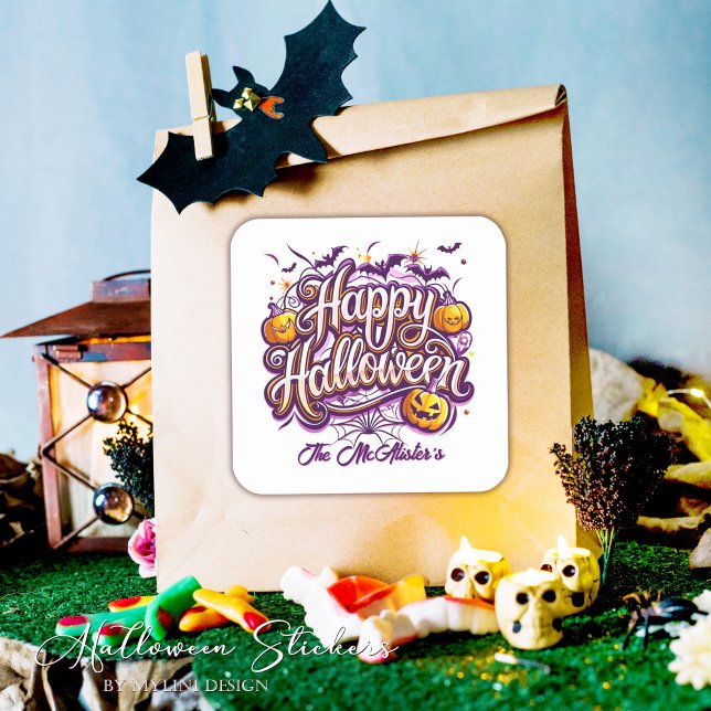 Funny Bats and Pumpkins Happy Halloween Square Sticker (Creator Uploaded)