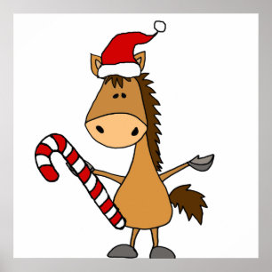 Funny Bay Horse in Santa Hat Christmas Poster
