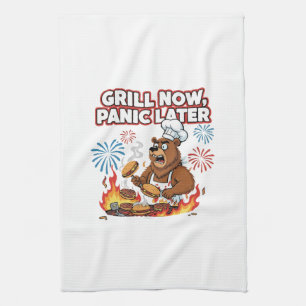 Funny BBQ Bear Grill Now Panic Later Fireworks Tea Towel