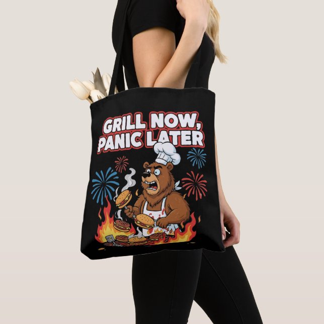 Funny BBQ Bear Grill Now Panic Later Fireworks Tote Bag (Close Up)