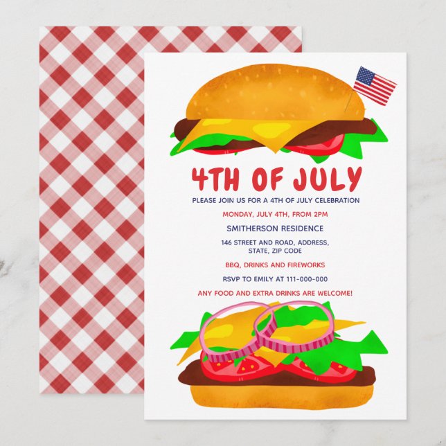 Funny bbq burger american flag plaid 4th of July Invitation (Front/Back)