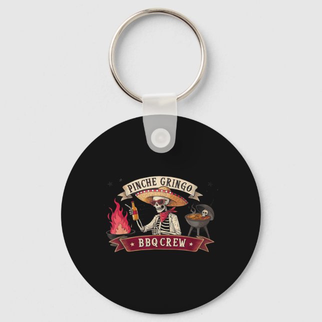 Funny Bbq Crew Skeleton Pig Grilling Beer Mexican Key Ring (Front)