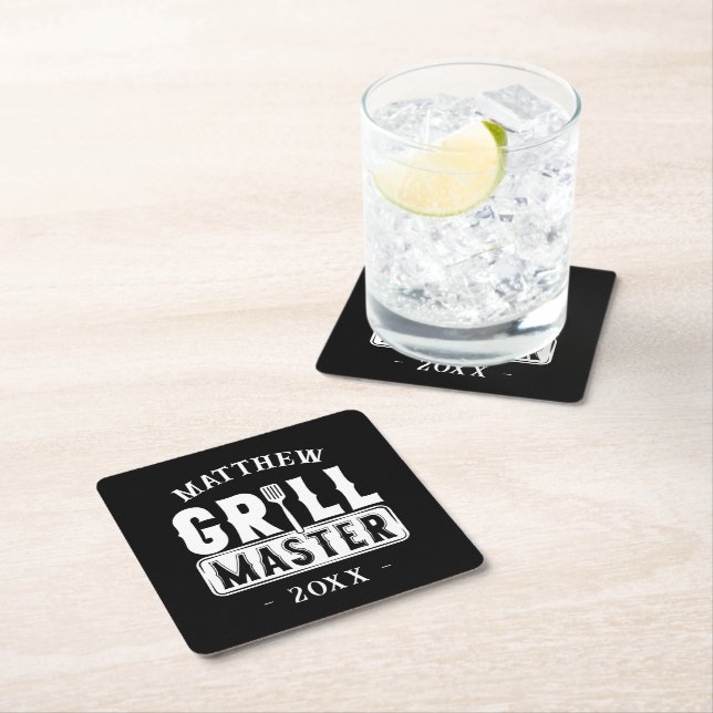 Funny BBQ Grill Master Personalised Barbecue King Square Paper Coaster (Insitu)