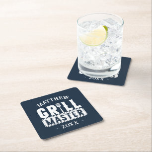 Funny BBQ Grill Master Personalised Barbecue King Square Paper Coaster