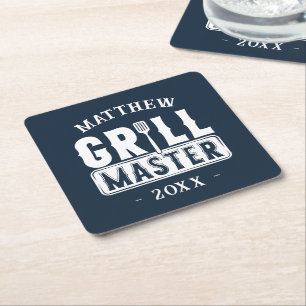 Funny BBQ Grill Master Personalised Barbecue King Square Paper Coaster