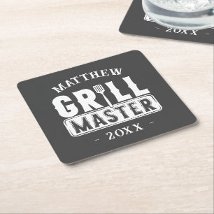 Funny BBQ Grill Master Personalised Barbecue King Square Paper Coaster