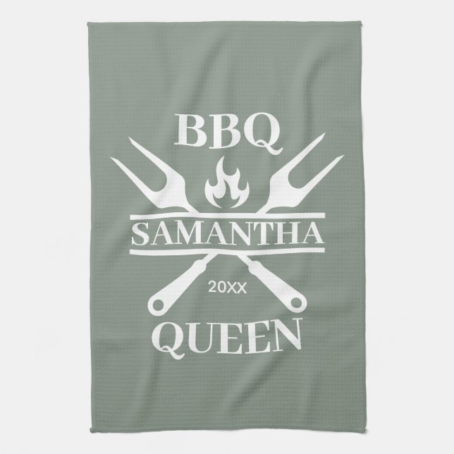 Funny BBQ Personalised Barbecue Queen Kitchen  Tea Towel (Vertical)