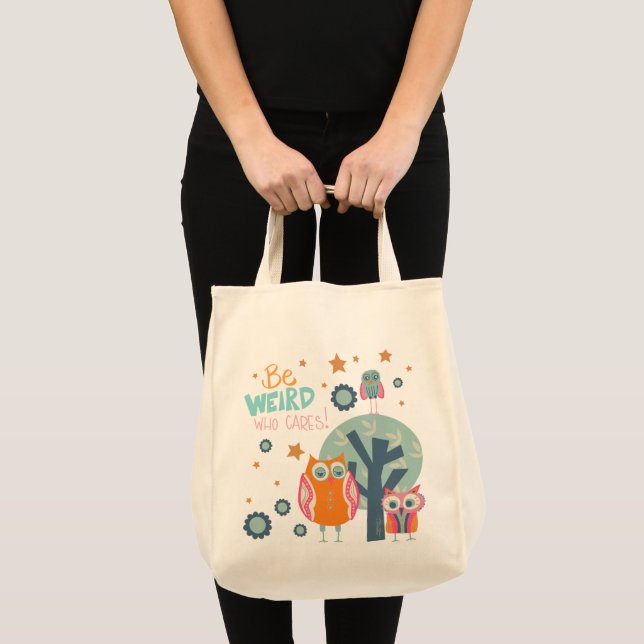 Funny Be Weird Cute Owls Inspirivity Tote Bag (Front (Product))