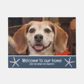 Funny Beach Dog Photo Welcome Snacks Navy Blue Doormat