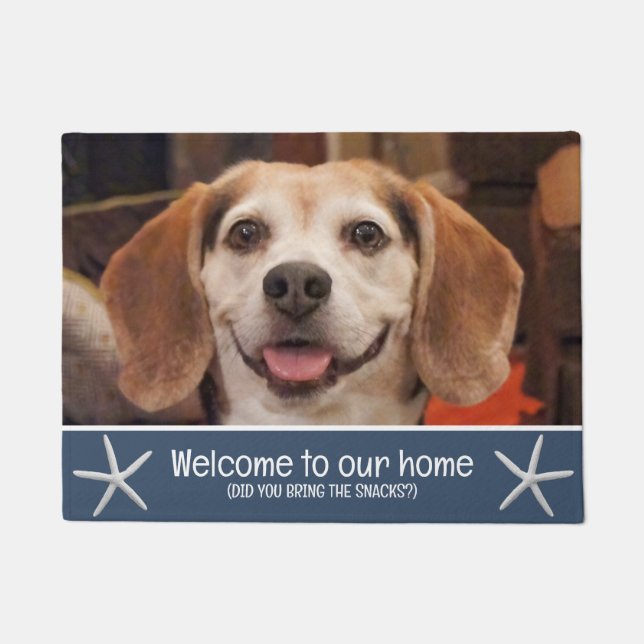 Funny Beach Dog Photo Welcome Snacks Navy Blue Doormat (Front)