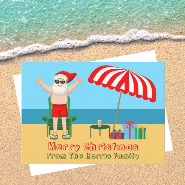 Funny Beach Santa Claus Cute Custom Christmas Holiday Card (Creator Uploaded)