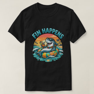 Funny Beach Shark Fin Happens Hawaiian Graphic T-Shirt