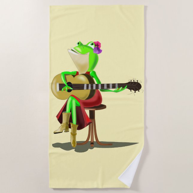 Funny Beach Towel Frog Playing Guitar Music (Front)
