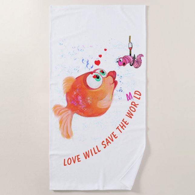 Funny Beach Towel with Fish and Worm - Your Text (Front)