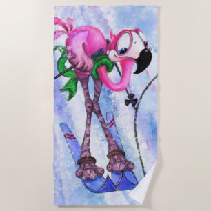 Funny Beach Towel with Pink Flamingo Skier