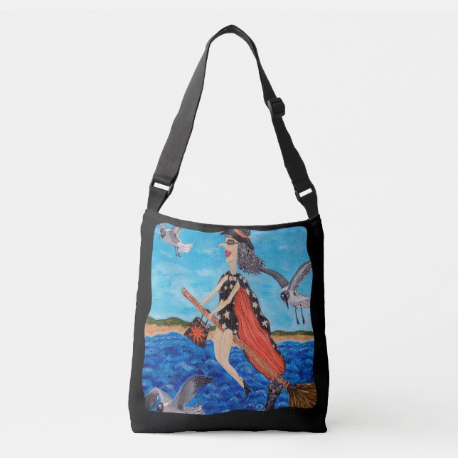 Funny Beach Witch Flying on Broom Ocean Seagulls Crossbody Bag (Front)