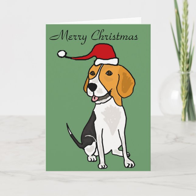 Funny Beagle Dog in Santa Hat Christmas Art Holiday Card (Front)